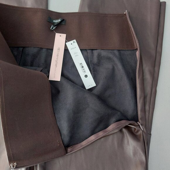 AQUA Brown Faux Leather Pants L High Rise Cropped Flare Chic Modern - Picture 7 of 13